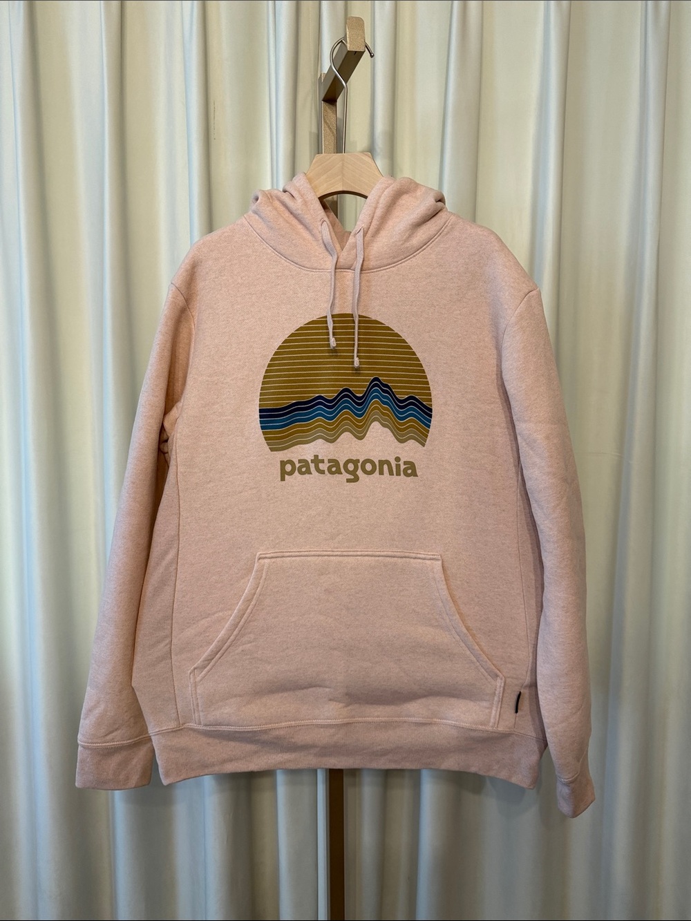 Patagonia Pink Pullover Hoodie with Striped Mountain Logo